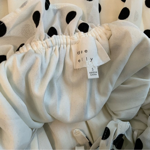 Dee Elly Mini Polkadot Dress Ruffles Long Sleeves Open Back Black Ivory Size S - Picture 7 of 7